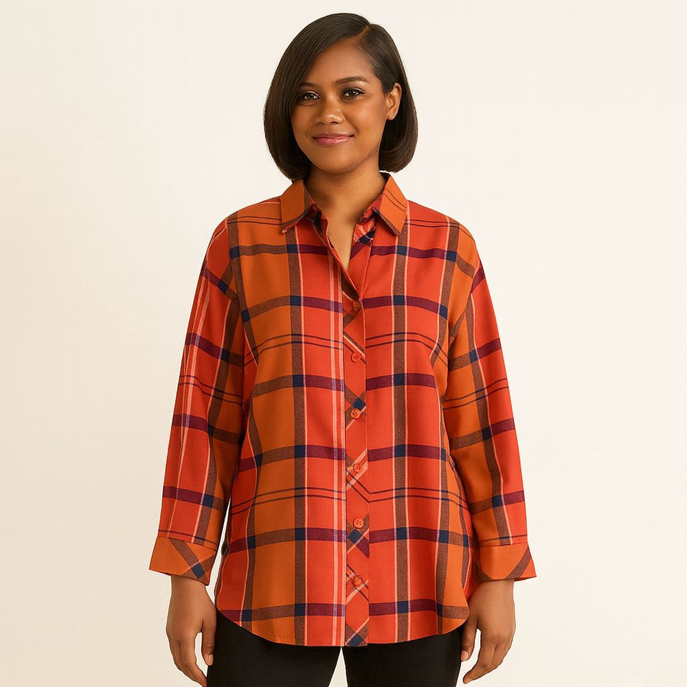 Hester & Orchard Plaid Button Down Shirt Orange Navy Size L